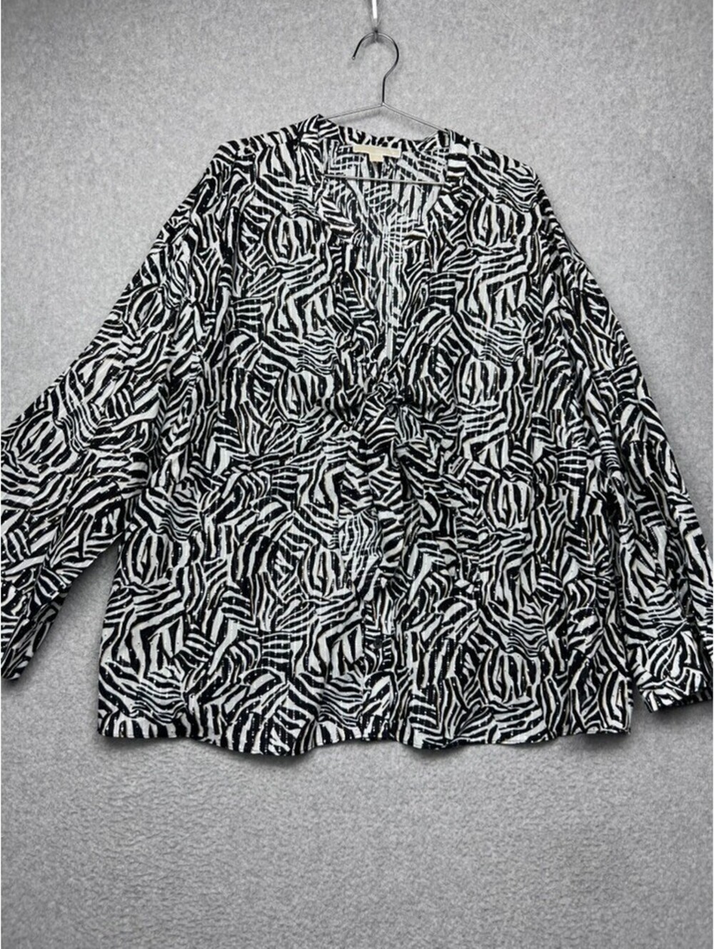Michael Kors Zebra Print Blouse Cotton Metallic Stripe Tie Neck Plus 4X Shirt